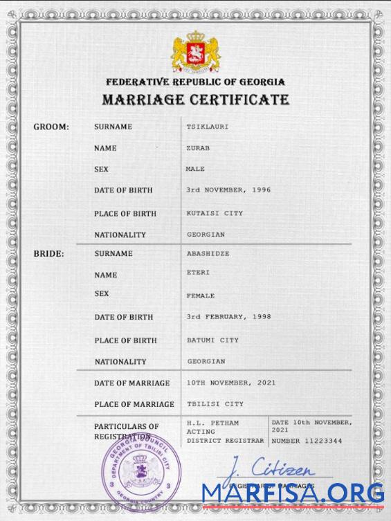 Realistic Georgia marriage certificate PSD template
